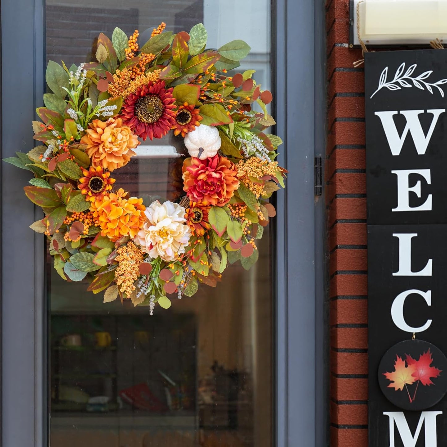 Fall Wreaths for Front Door Outside 23 Inch Fall Wreath with Peonies, Sunflowers & Pumpkins – Outdoor Autumn Wreath for Thanksgiving Halloween & Harvest Decor