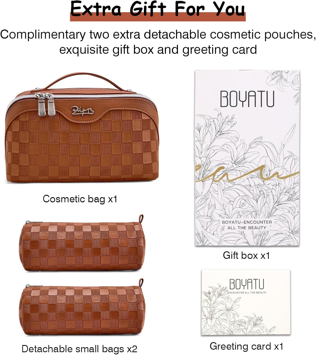 Travel Makeup Bag Organizer Cosmetic Bag: 3 Pcs Set Make up Bags for Women with Handle - Waterproof Vegan Leather Toiletry Bags with Comparments (C-10-Brown)