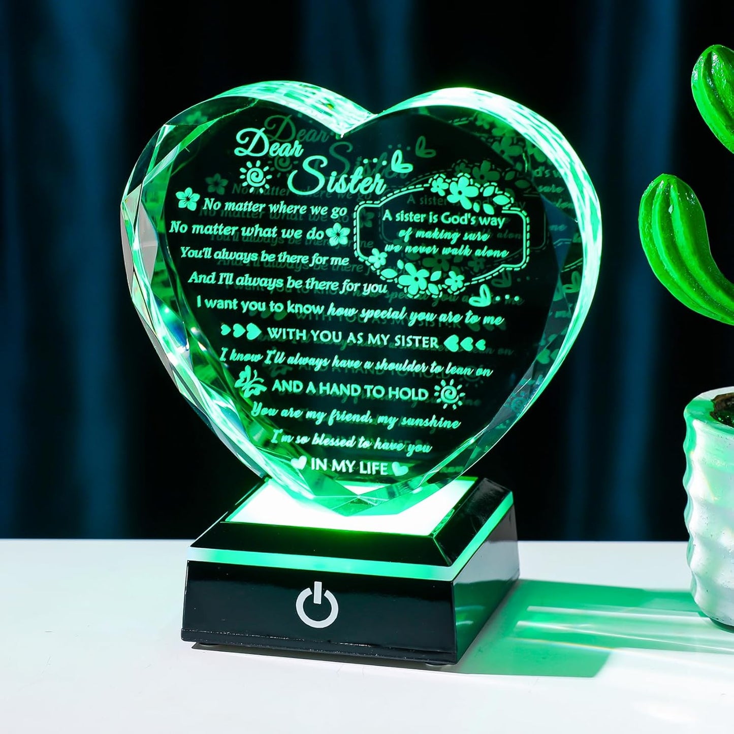 YWHL Sister Birthday Gifts from Sister Brother To My Sisters Crystal Heart Keepsake with Colorful Light Base Sister Gifts for Women for Christmas Mother's Day