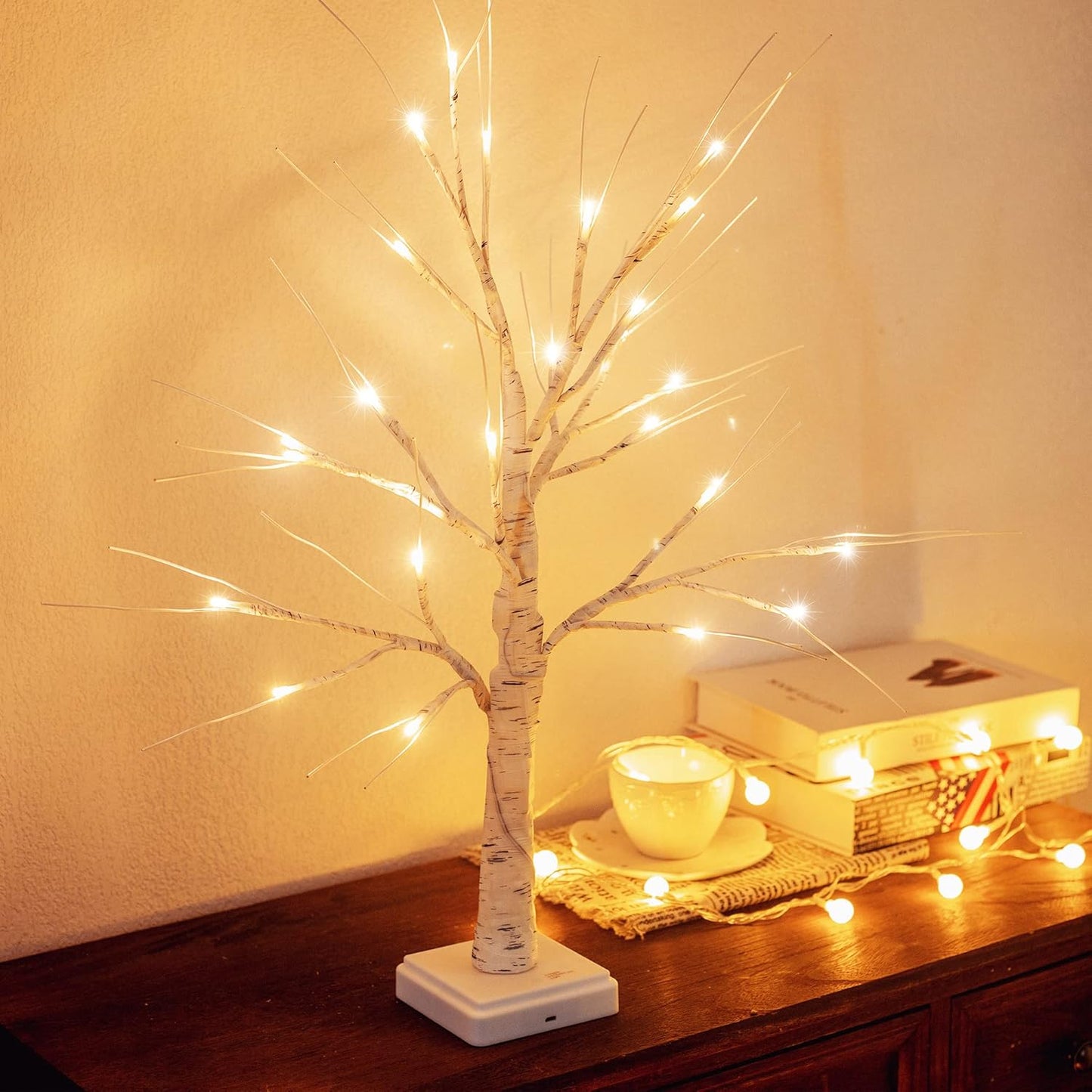 Woohaha Lighted Birch Tree for Christmas Decorations,2FT Artificial Tree with 24L Warm White LEDs,Battery Powered Timer Money Tree,Artificial Mini Christmas Tree Gift Card Tree for Home Party Wedding