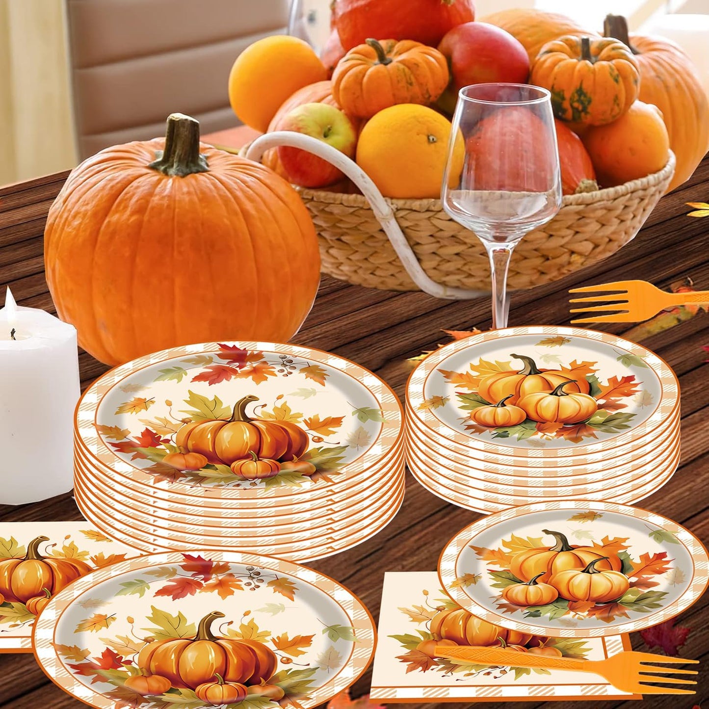 Fall Party Supplies - 96 Pcs Disposable Tableware Set with Paper Plates, Napkins, Forks, Pumpkin, Autumn, Maple Leaf Pattern for Thanksgiving Harvest Party Decorations