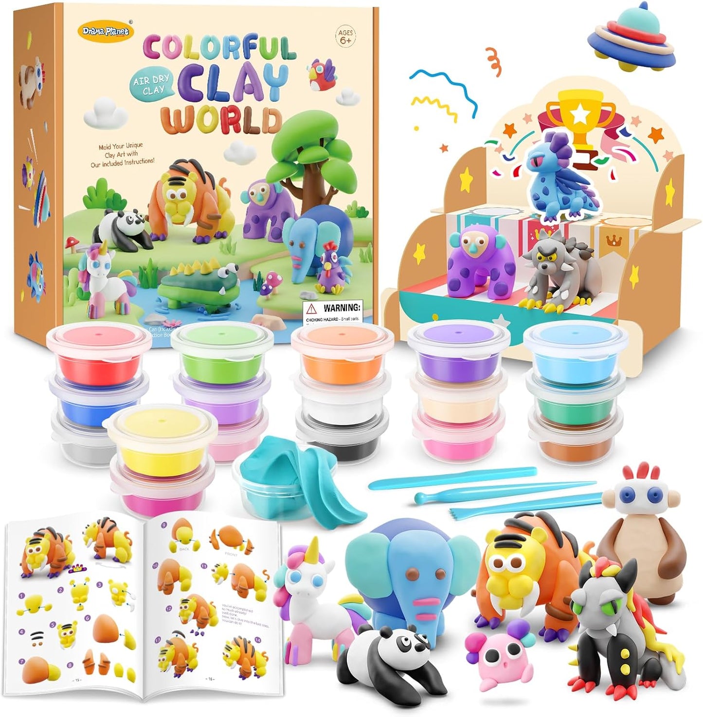 Drama Planet Air Dry Clay Kit for Kids - Comes with Instructional Guide Featuring 4 Scenes & 26 Projects Tutorials, 18 Cans of Modeling Clay, Includes Display Stand, Gift for Girls and Boys