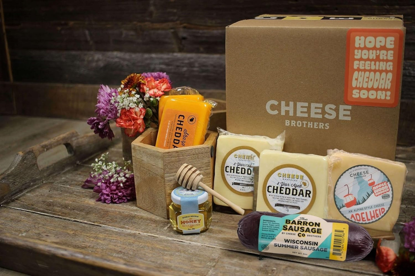 Cheese Bros "Hope You're Feeling Cheddar Soon" Gift Basket | Fresh from Wisconsin | Includes Signature Cheeses, Cheddars, Honey with Dipper, and Salami | Feel Better and Get Well Soon Gift