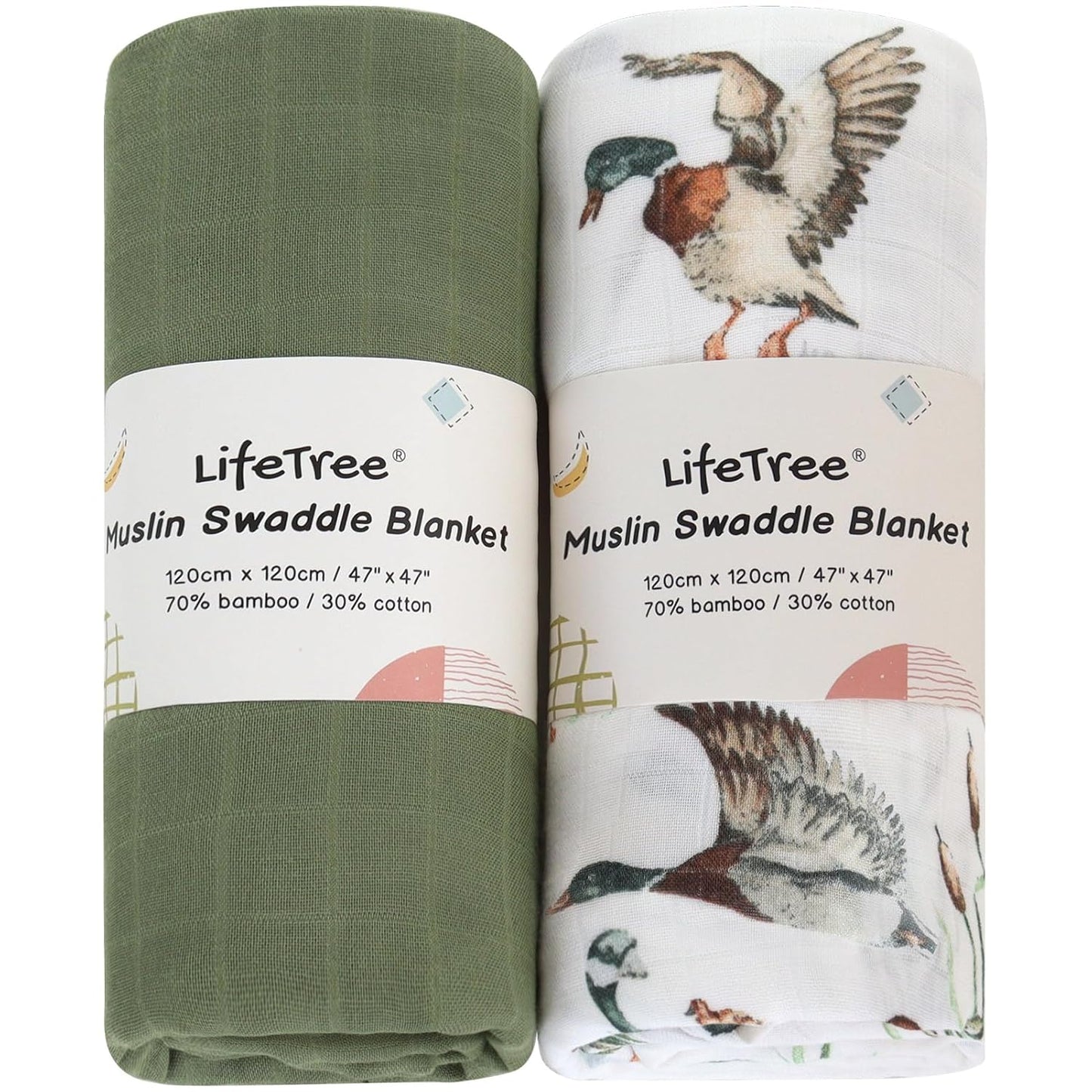LifeTree Muslin Swaddle Blankets, Baby Swaddling Wrap Nursery Receiving Blanket for Boys & Girls, 70% Viscose from Bamboo and 30% Cotton, Large 47 x 47 inches Mallard Duck/Olive Green