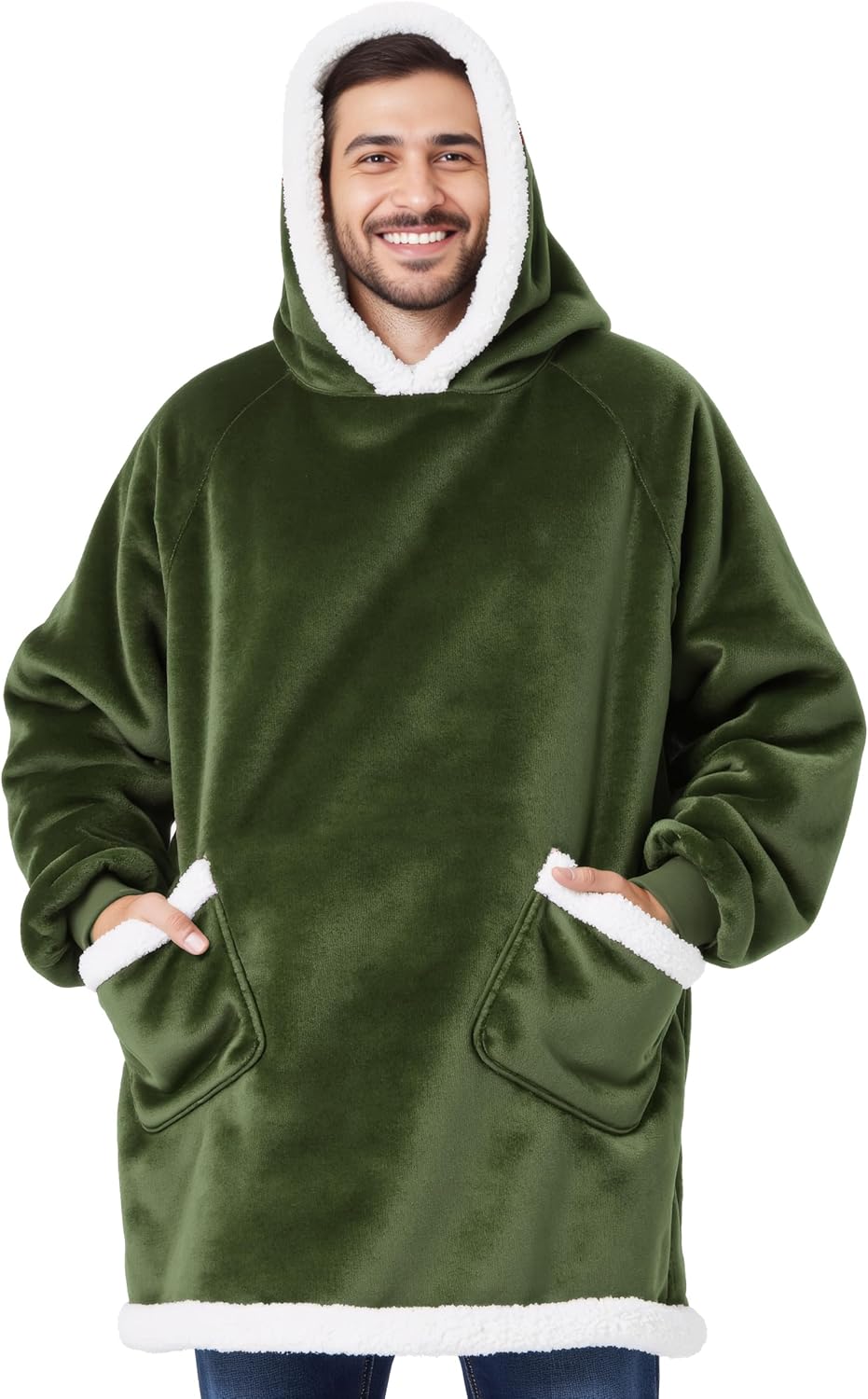 Bedsure Blanket Hoodie, Wearable Blanket for Adults & Kids as Gifts for Women Men, Birthday Gifts for Women Mom Girl Sherpa Oversized Hoodie, Olive Green, Oversize