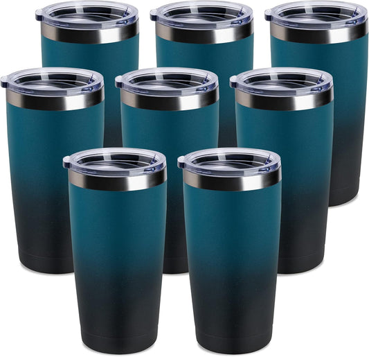 8 pack 20 OZ Double Wall Stainless Steel Vacuum Insulated Tumbler Coffee Travel Mug With Lid, Durable Powder Coated Insulated Coffee Cup for Cold & Hot Drinks (OmbreIndigo, 8pack)