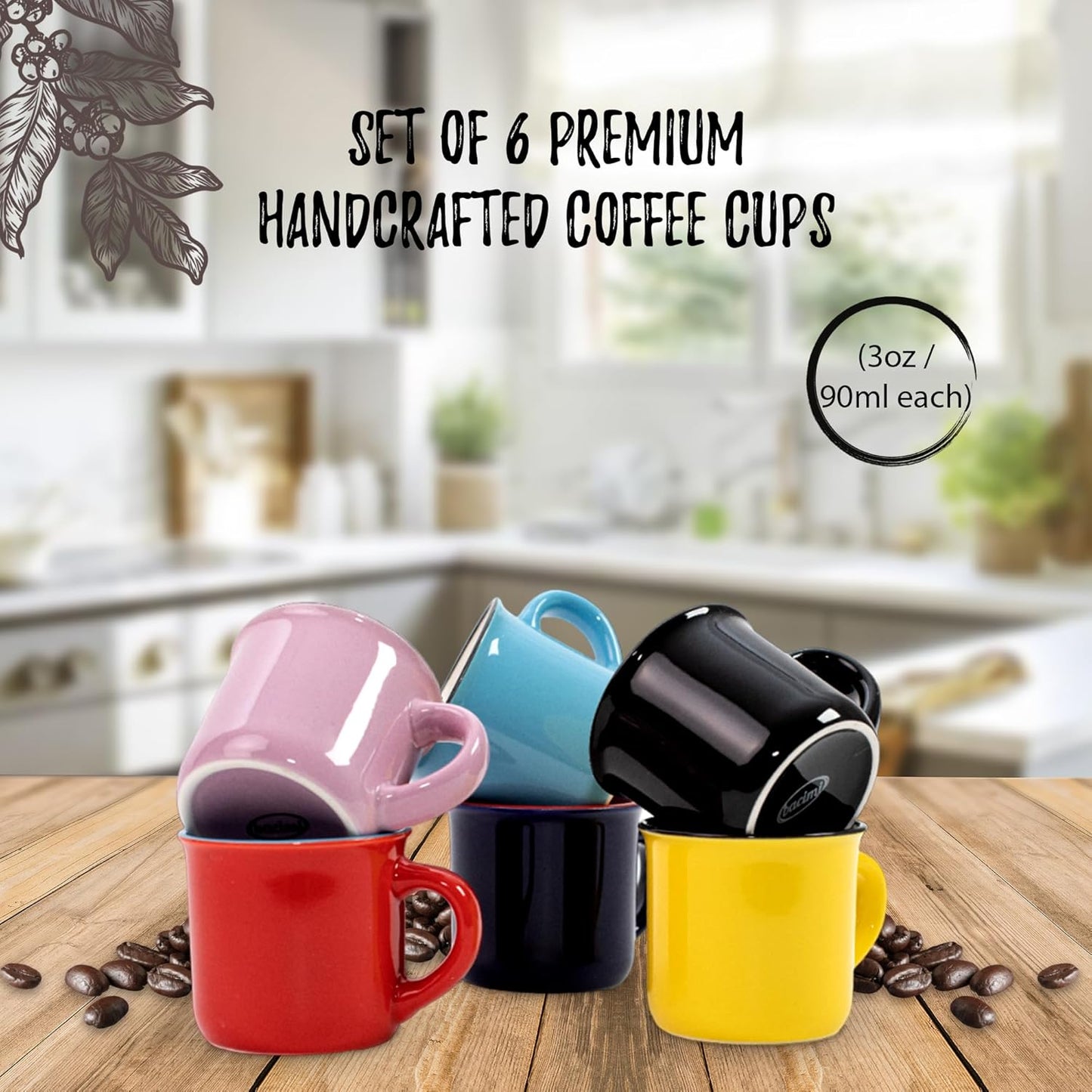 Bacimi® Mini Ceramic Espresso Mugs (Set of 6 / 3oz / 90ML) - Small Drinking Cups with Handle - Dishwasher & Microwave Safe - Modern Mugs for Coffee, Tea, Cocoa, Milk & Latte