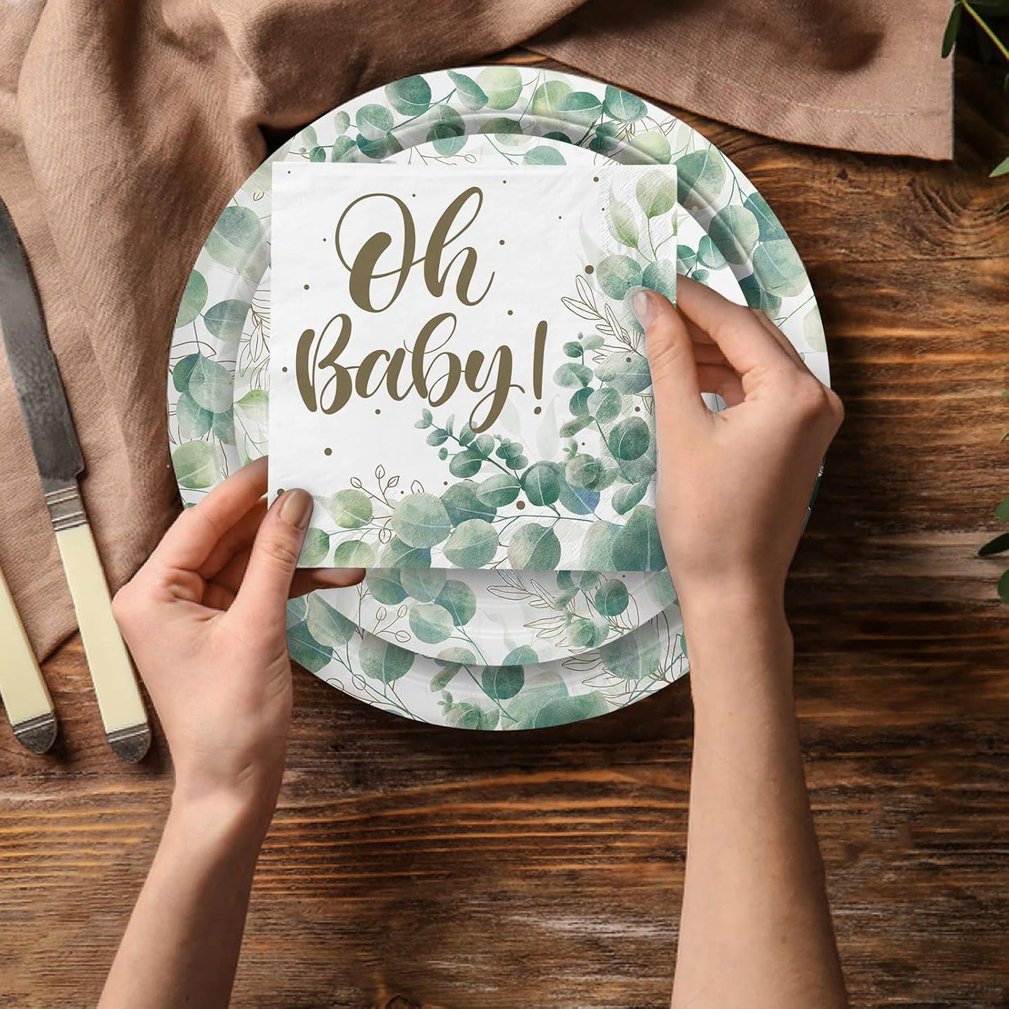 Sage Greenery Baby Shower Party Supplies Disposable Paper Plates Napkins Cups and Tablecloth for Boho Greency Party Decorations, Serve 25.