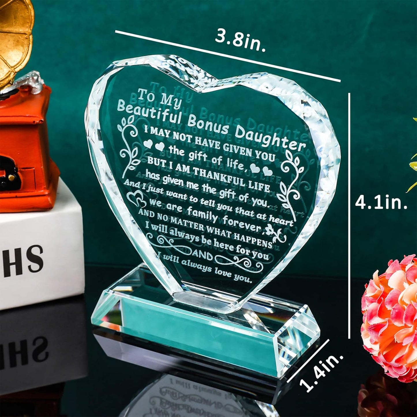 YWHL Bonus Daughter Gifts from Mom Dad, To My Bonus Daughter Heart Shaped Crystal Keepsake, Gifts for Stepdaughter from Stepmom Stepdad on Birthday Christmas Graduation