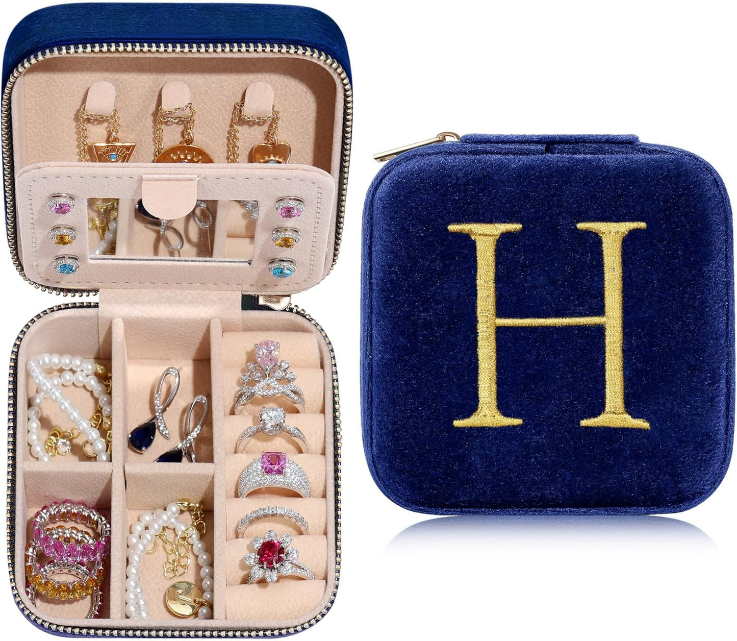 Parima Plush Velvet Jewelry Box Organizer - Personalized Portable Travel Essentials for Women, Birthday Gifts for Teen Girls, Monogrammed Letter H, Navy Blue