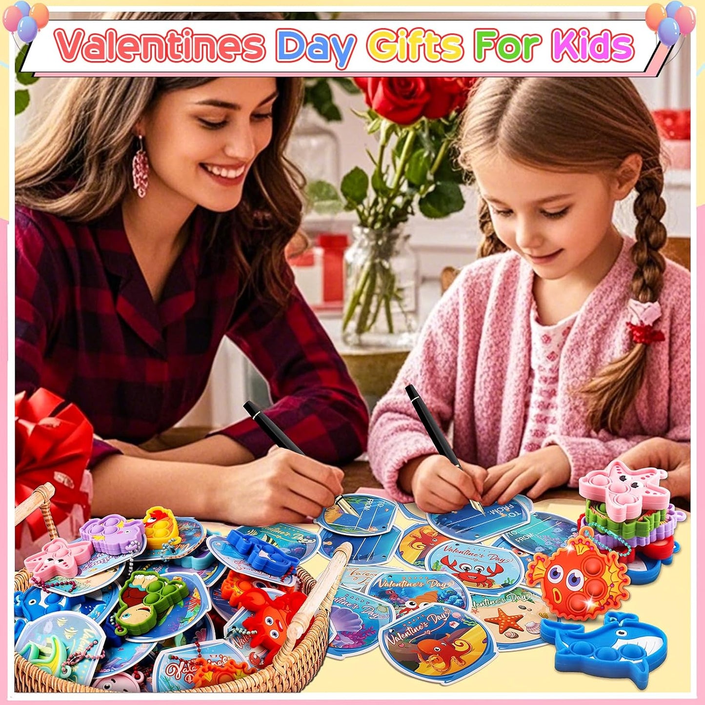 32 PCS Valentines Day Gifts for Kids,Valentines Cards for Kids Classroom with Sea Animal Pop Fidget Toys,Valentines Exchange Gifts for Classroom,Valentines Party Favors for Boys Girls