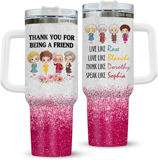 34HD Golden 40oz Tumbler with Handle – Thank You for Being a Friend Cup – Stainless Steel Insulated Travel Mug with Funny Quotes – Retro Gift for Women Girls, Mom, Grandma, TV Show Fans