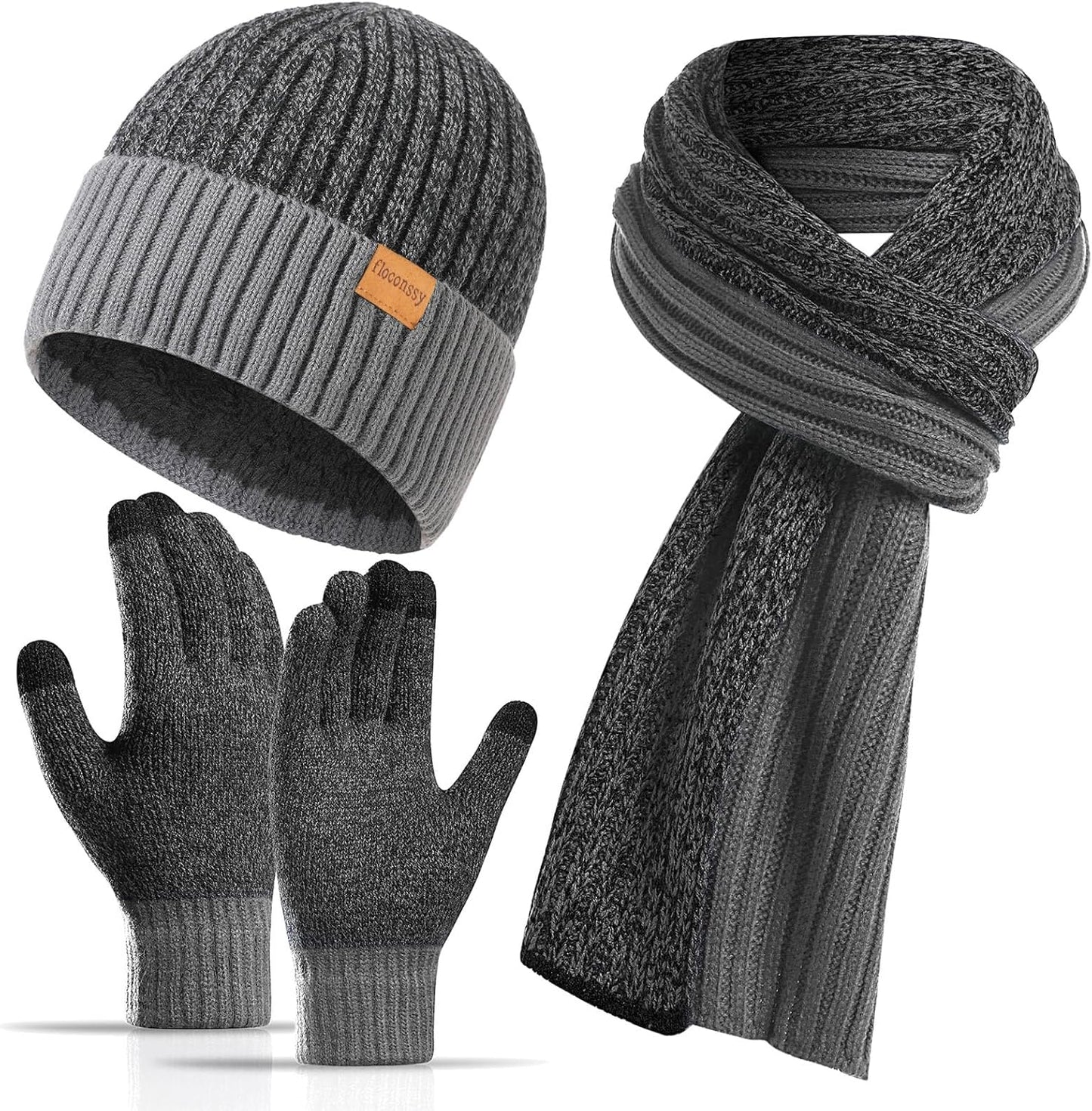 Men's Winter Hat Scarf Gloves Set, 3 PCS Warm Beanie Long Scarf Fleece Lined Touchscreen Gloves for Cold Weather