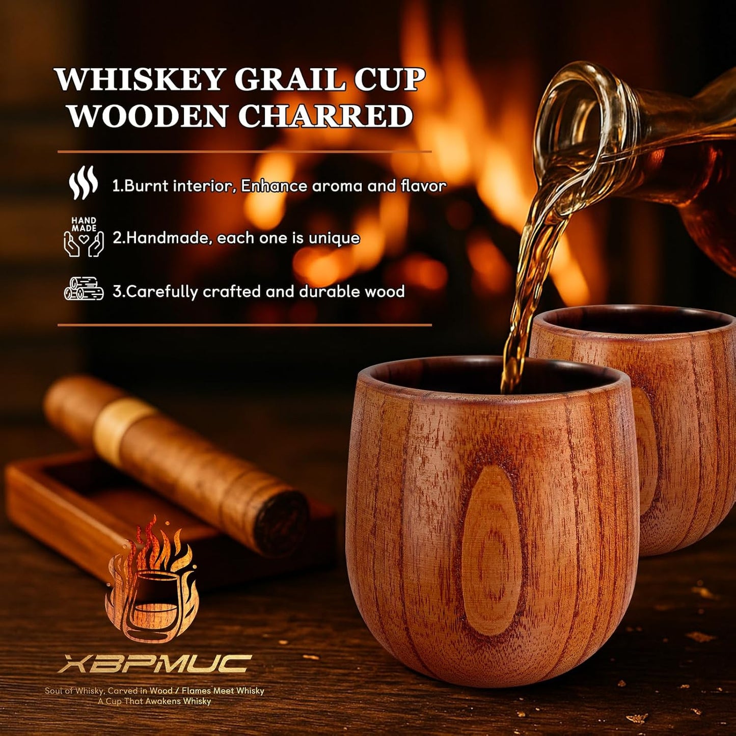 Charred Wooden Whiskey Glass - Bourbon Tumbler with Thickened Base - Old Fashioned Glass Set for Men - Ideal Gift for Dad, Brother (Handmade, Splinter-Free)
