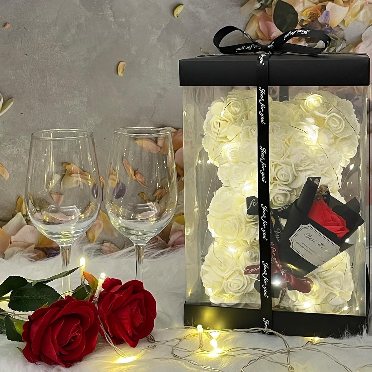 for Mom Grandma White Rose Flower Teddy Bear Blind Box Pearl Necklace for Valentine’s Day Birthday for Her, Wife Girlfriend Women Gift Wedding Anniversary Home Decor