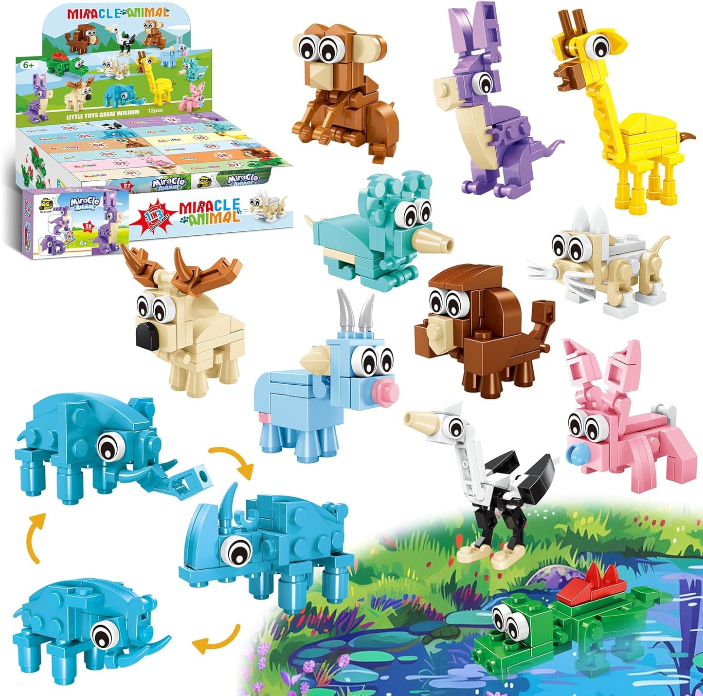 Party Favors for Kids - 12 Pack 36 Kinds of Animals Building Block Toy Stocking Stuffers Classroom Prizes Goodie Bags Easter Gifts Building Set, Christmas Birthday Gift for Boys Girls Ages 6-12+