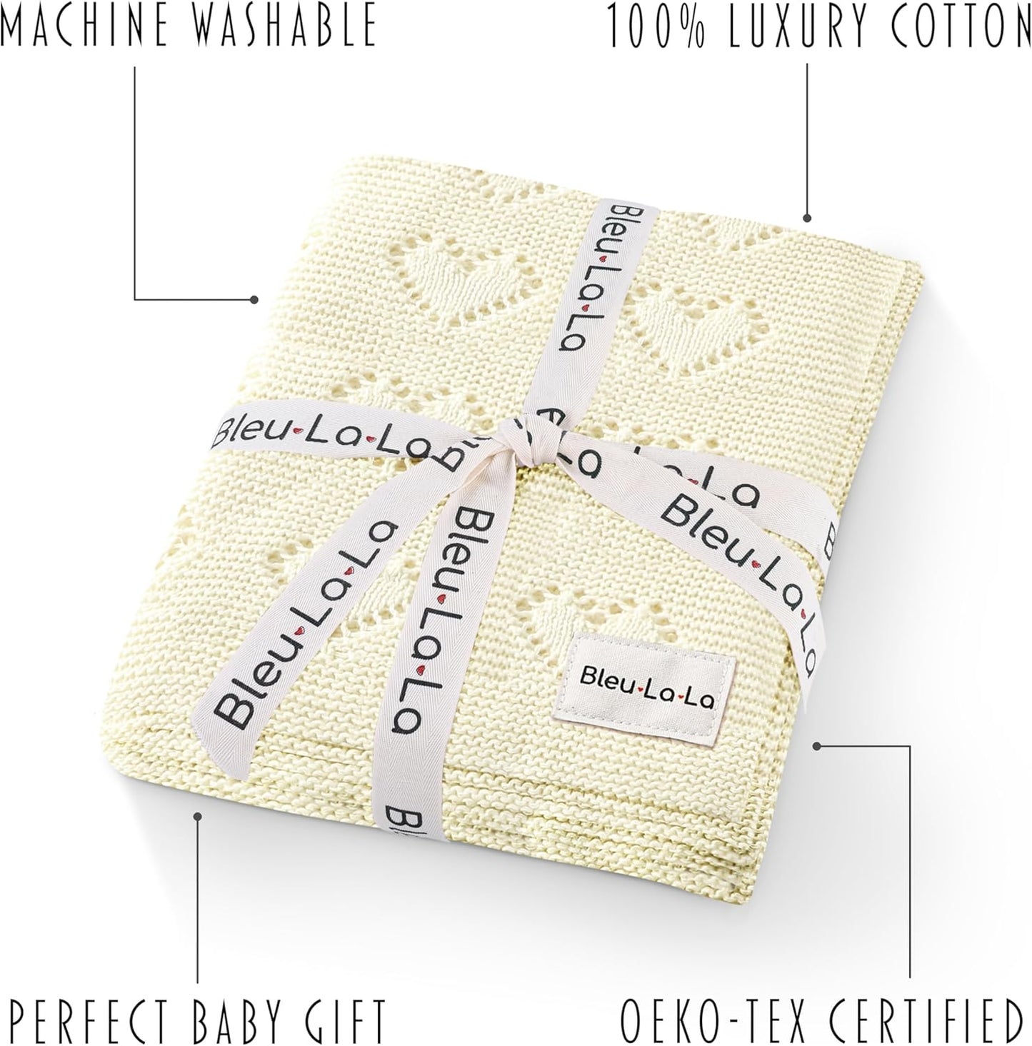 100% Cotton Unisex Heart Knit Swaddle Luxury Baby Blanket for Girls and Boys - Soft Warm Cozy Swaddling Receiving Stroller Crib Blanket for Newborns Infants Toddlers (Ivory, 0-2 Years)