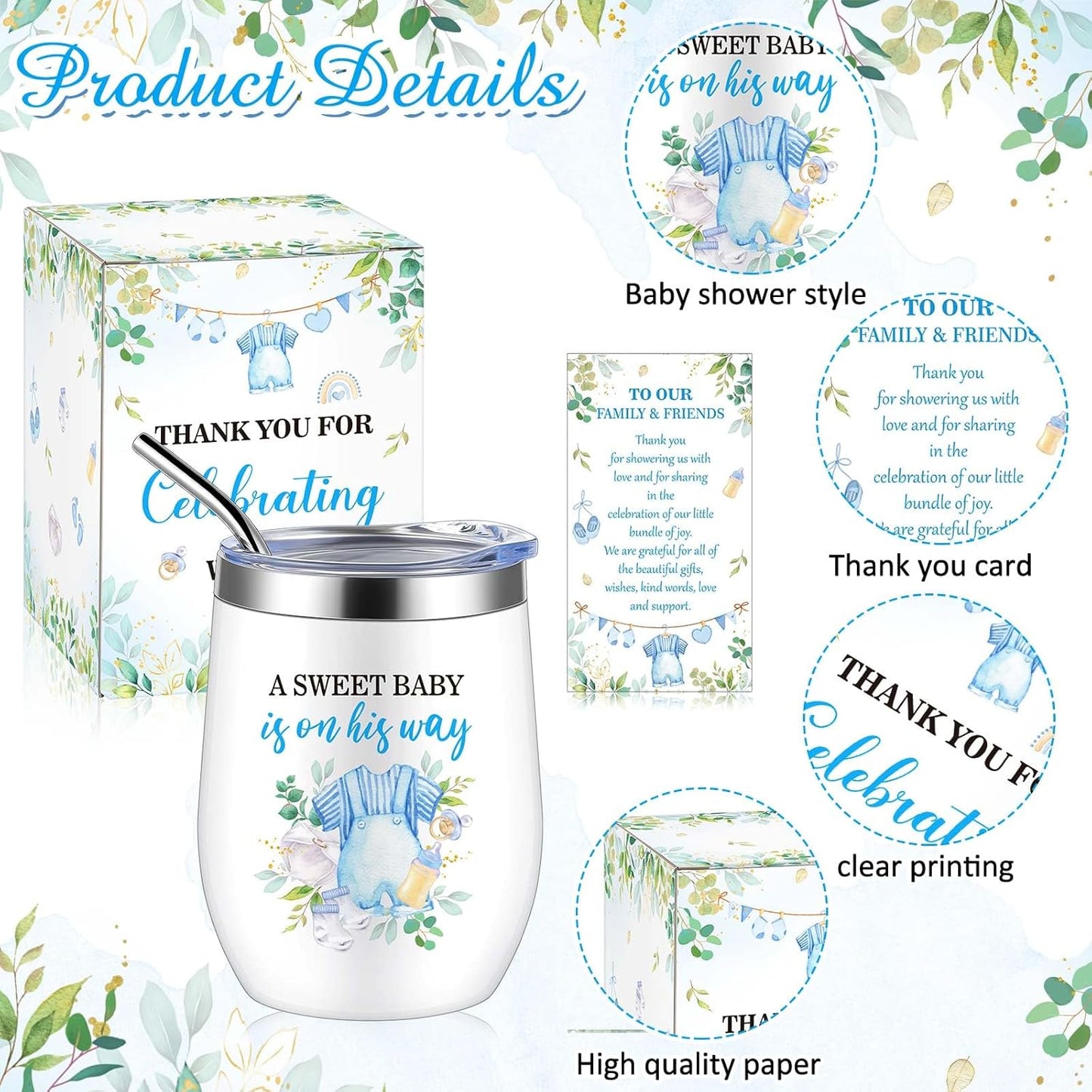 Hoolerry 6 Set Baby Shower Game Prizes for Guests Winners 12 oz Insulated Stainless Steel Tumbler Cup with Lids, Straws, Cleaning Brush, Cards & Boxes Return Gifts(Blue-green,Boy, Greenery)