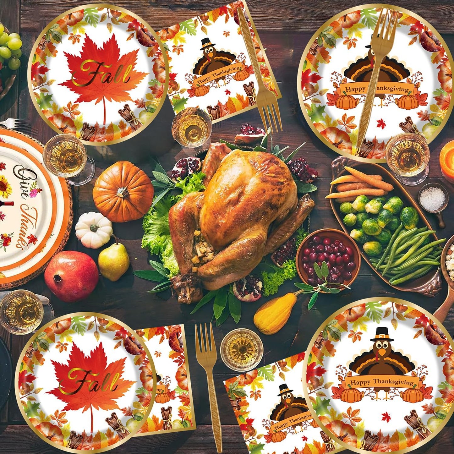 Fall Thanksgiving Party Supplies 96 Pcs Thanksgiving Paper Plates and Napkins Forks Pumpkin Turkey Autumn Disposable Tableware Set for Fall Harvest Party Decorations