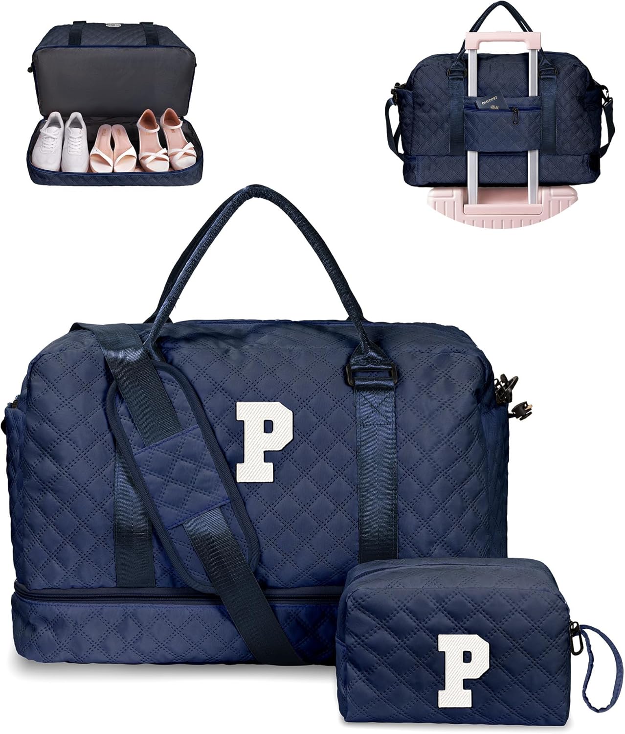 Gifts for Grandma-Initial Duffle Bag with Shoe Compartment, Personalized Weekender Bag, Monogram Overnight Bag, Letter Travel Bag with Makeup Bag,Daughter Friend Gifts (Letter P), Navy Blue