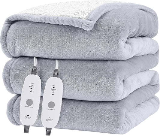 HYLEORY Heated Throw Blanket Flannel Electric Blanket Throw with 4 hrs Timer Auto-Off & 3 Heating Levels Sherpa Heated Blankets with Overheating Protection,84"x90",Light Grey