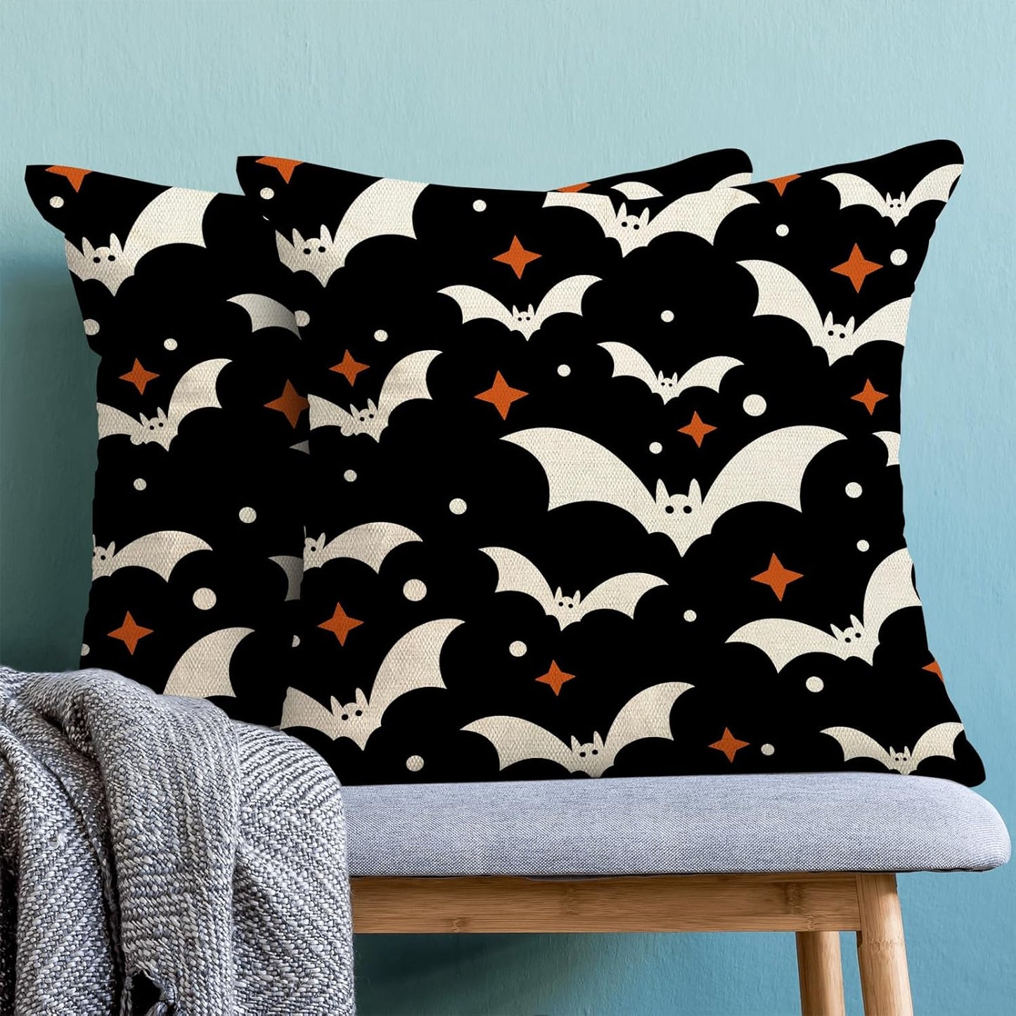 Halloween Pillow Covers 18x18 Pack of 2 Black Beige Bat Throw Pillow Covers Outdoor Decor,Autumn Halloween Decoration Black Pillowcase Farmhouse Linen Decorative Cushion Case for Sofa Couch