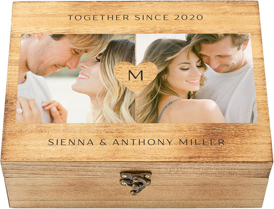 Let's Make Memories Personalized Wooden Keepsake Box With Hinged Lid - Wood Memento Box - Decorative Storage - Home Decor - For Couples, Wedding, Newlyweds - Upload Your Photo - Heart Initial