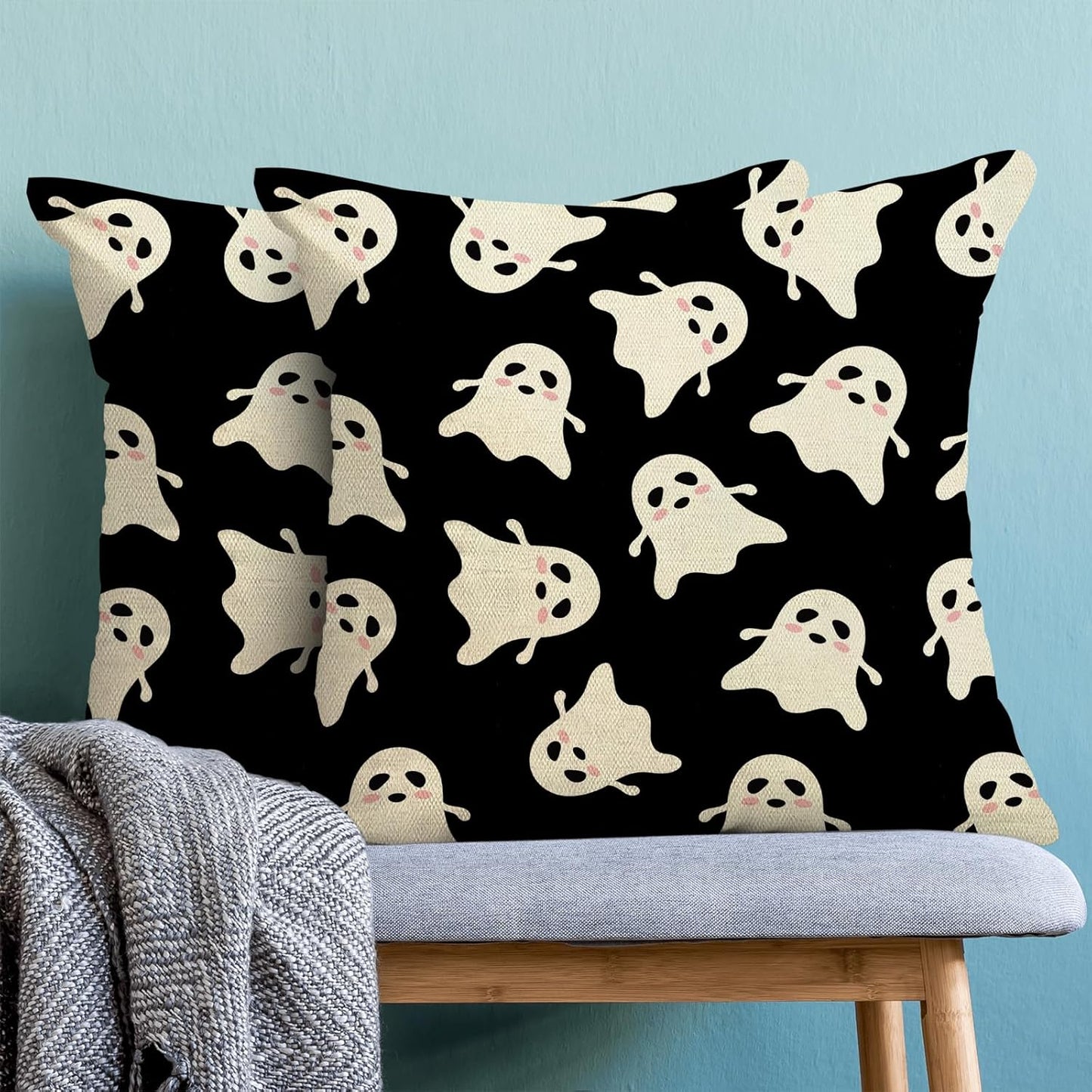 Halloween Decor Pillow Covers 18x18 Pack of 2 Black Beige Cute Ghost Throw Pillow Covers Outdoor Decoration,Fall Holiday Ghost Pillowcase Linen Decorative Cushion Case for Home Sofa Couch