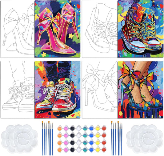 4 PCS 8 x 10 Inch Pre Drawn Canvas to Paint for Adults Couple Sip and Paint Kit Party Supplies Favor Shoes Couples Painting Kit Date Night Canvas Painting Kit for Painting Valentine's Day