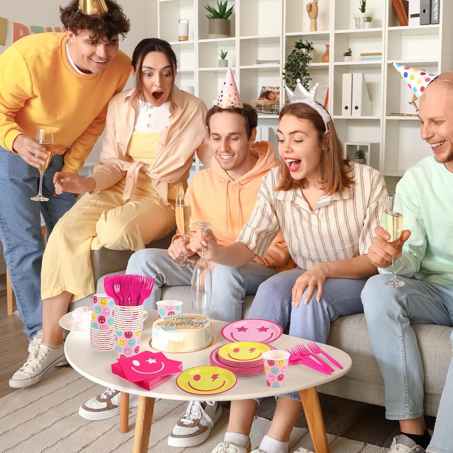 144 Pieces Preppy Smile Party Tableware Sets Including Disposable Plates Napkins Cups Forks Serves 24 for Smile Face Party Birthday Baby Shower Decor Party Supplies