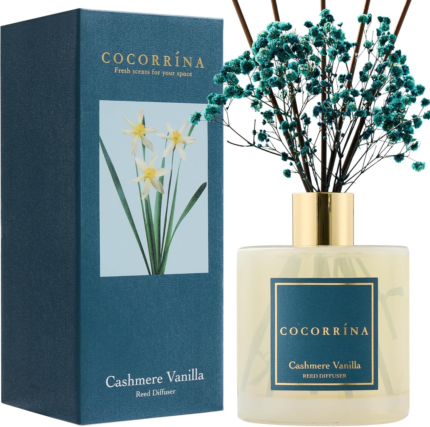COCORRÍNA Reed Diffuser - Cashmere Vanilla 17 Fl.oz Reed Diffuser with 8 Sticks Scented Diffuser with Preserved Flowers for Bathroom Home Decor