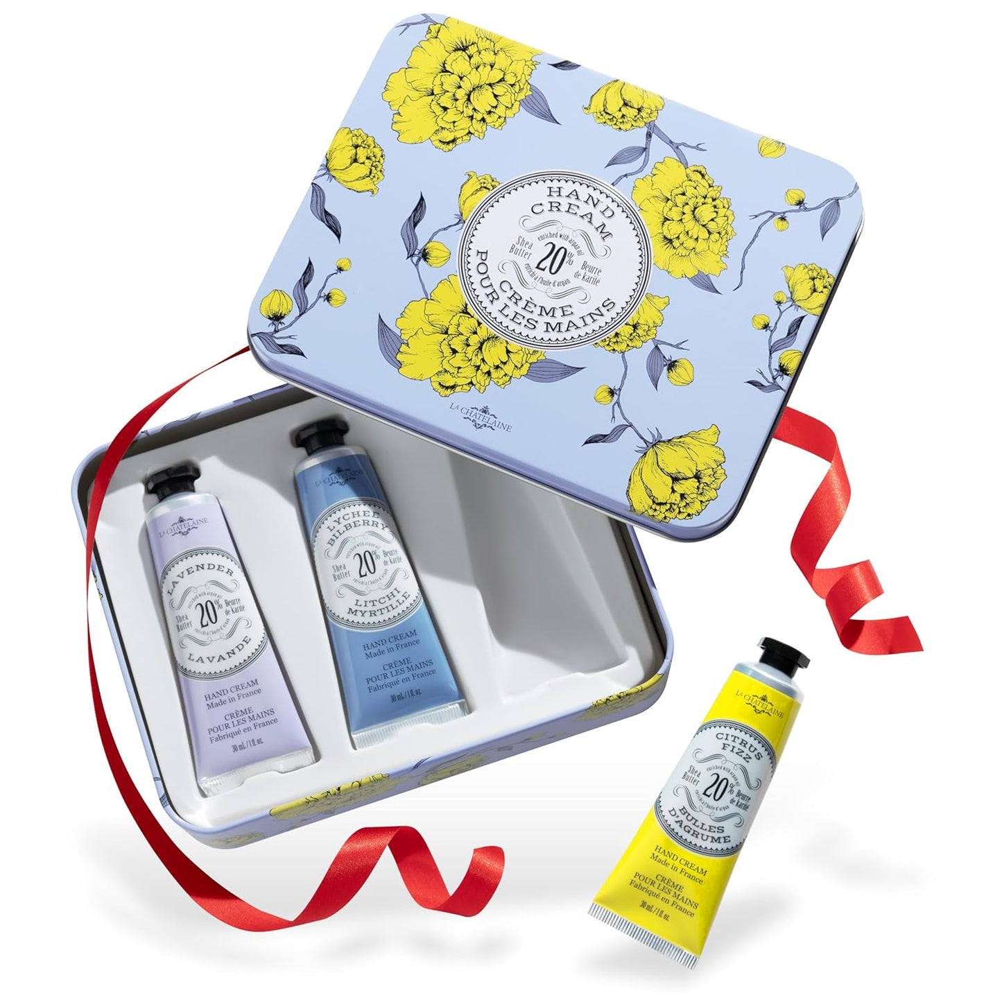 La Chatelaine French Hand Cream Trio Tin, Holiday Gift Set, Hand Lotion for Women, Made in France with 20% Organic Shea Butter (Lavender, Lychee Bilberry & Lemon Verbena or Citrus Fizz) 3 x 1 fl oz