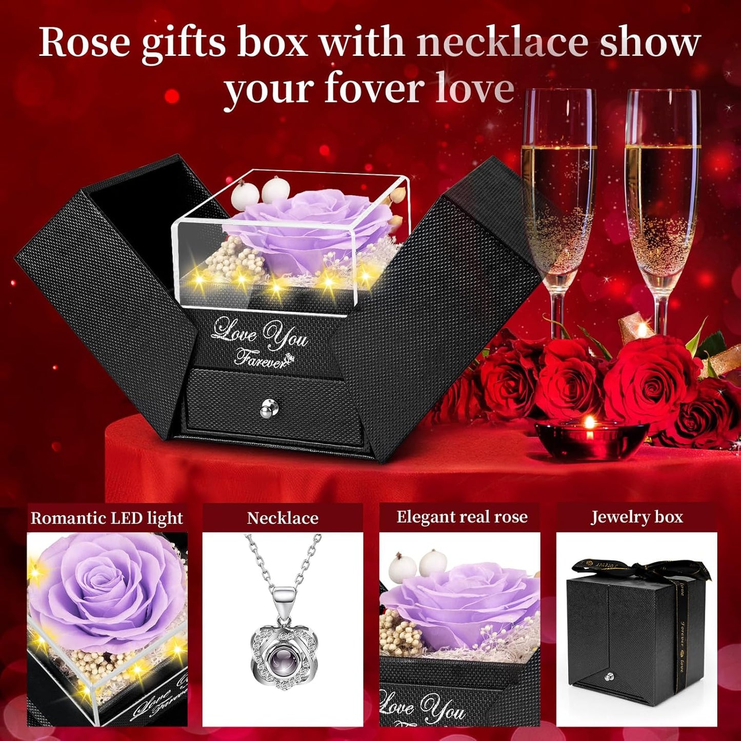 Preserved Light Purple Real Rose with Heart I Love You Necklace -Eternal Flowers Rose Birthday Gifts for Women Her Mom Wife Girlfriend Grandma on Valentines Mothers Day Christmas Anniversary