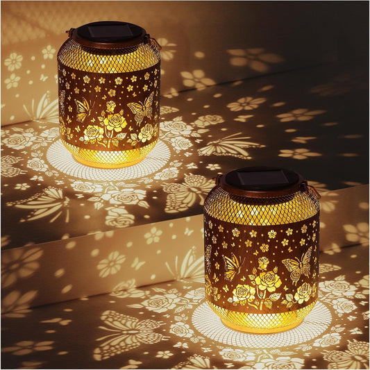 2 Pack Butterfly Solar Lanterns Outdoor Waterproof Rose Garden Decor Gifts for Mom Women Grandma Metal Hanging Solar Lights Outdoor Decoration for Patio,Yard,Porch,Backyard