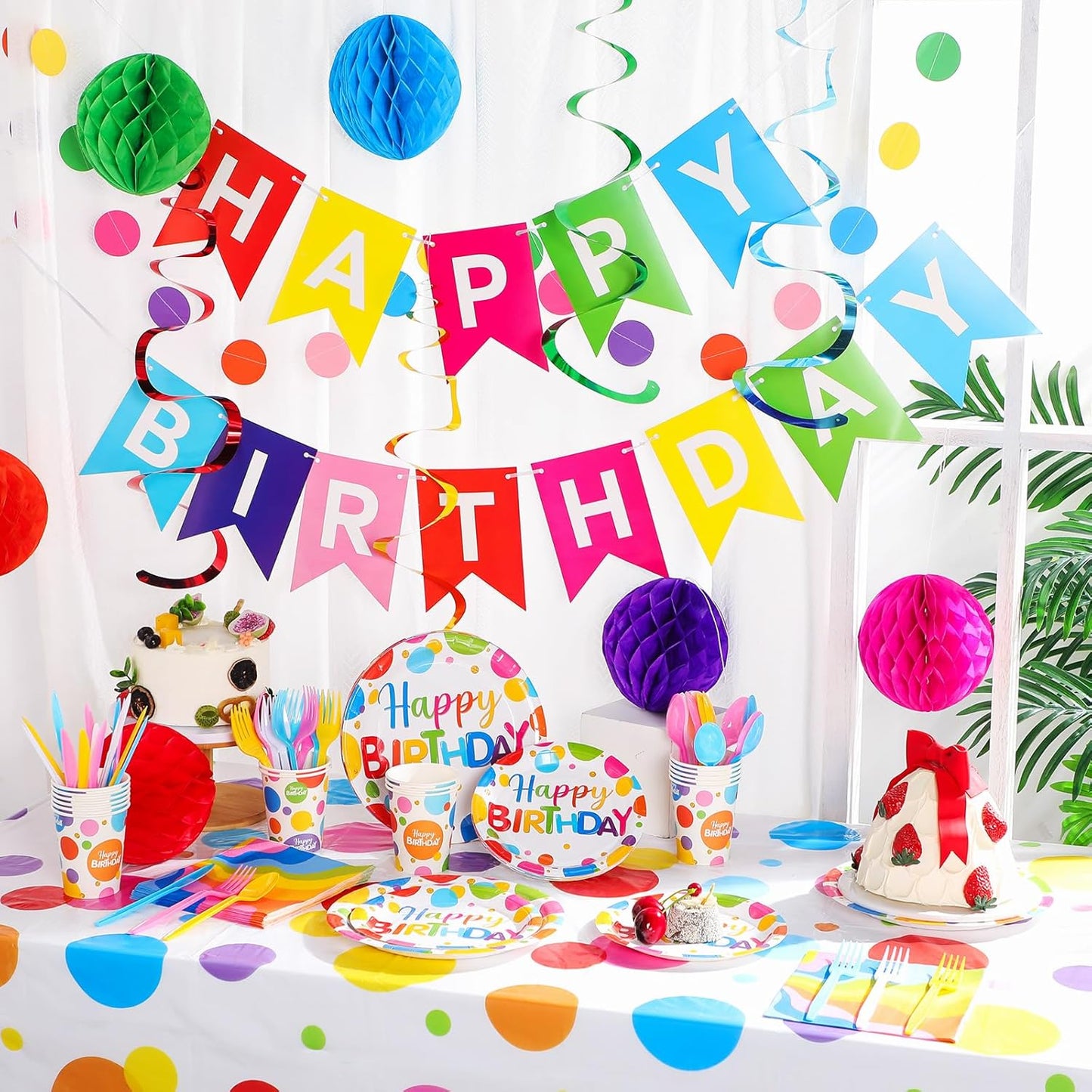 Zhehao Serves 129 Pcs Happy Birthday Party Supplies Set with Plates Napkins Cups Cutlery Rainbow Dot Birthday Decorations Kit Banner Tablecloth Hanging Honeycomb Balls Garland for Birthday Party