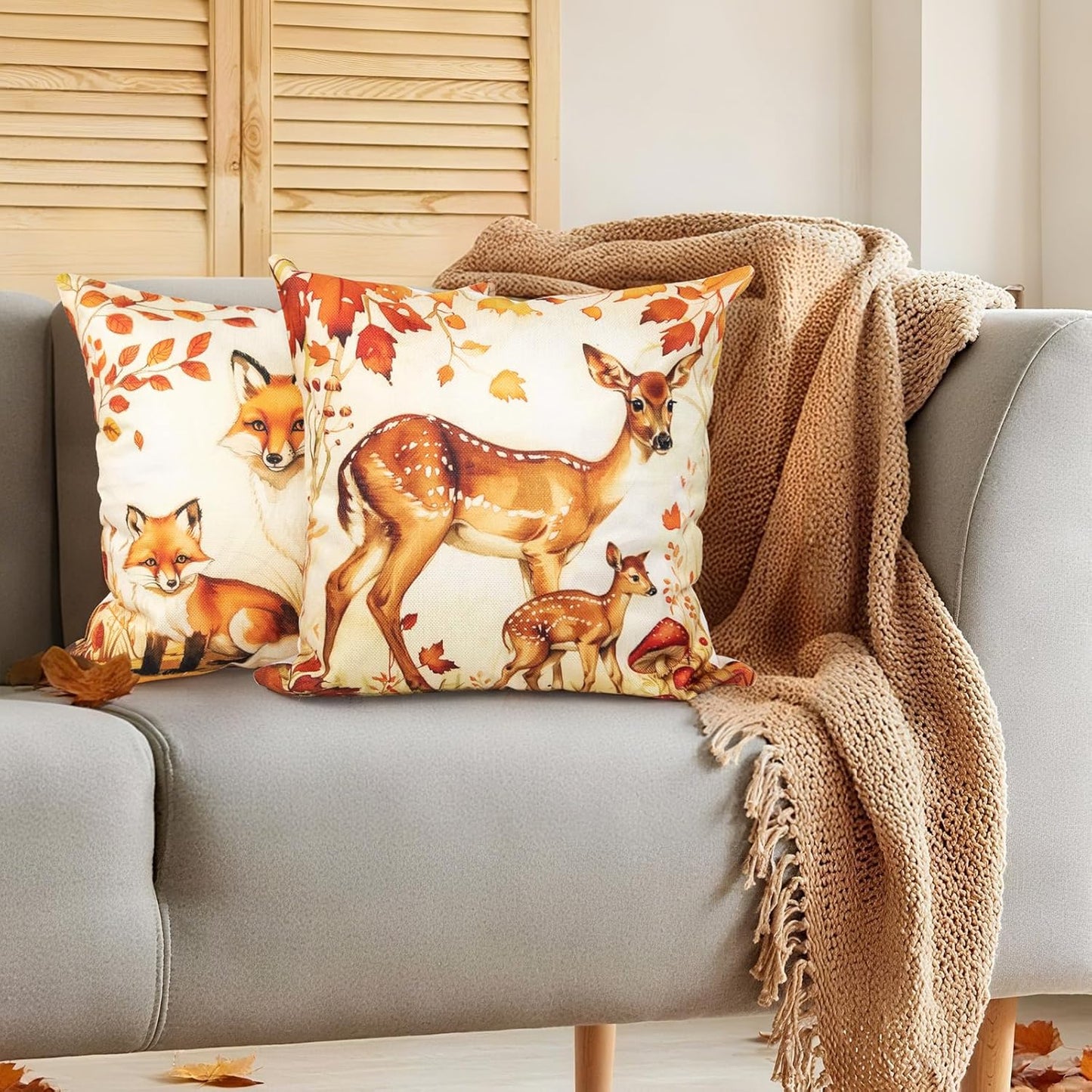 Animal Family Theme Fall Pillow Covers 20x20 Inch Set of 4, Burnt Orange Rust Decorative Autumn Thanksgiving Harvest Home Decor for Sofa Couch Living Room