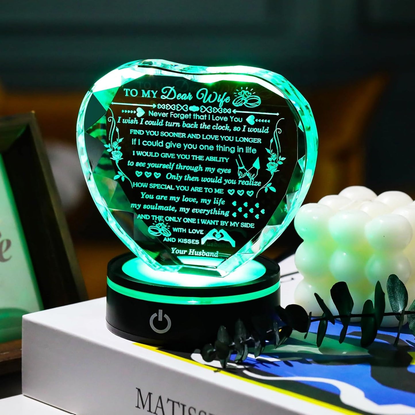 Gifts for Wife with Colorful LED Base Romantic Wife Anniversary Birthday Gift Ideas Crystal Heart to My Wife Gifts from Husband on Valentine's Day Christmas Mother's Day