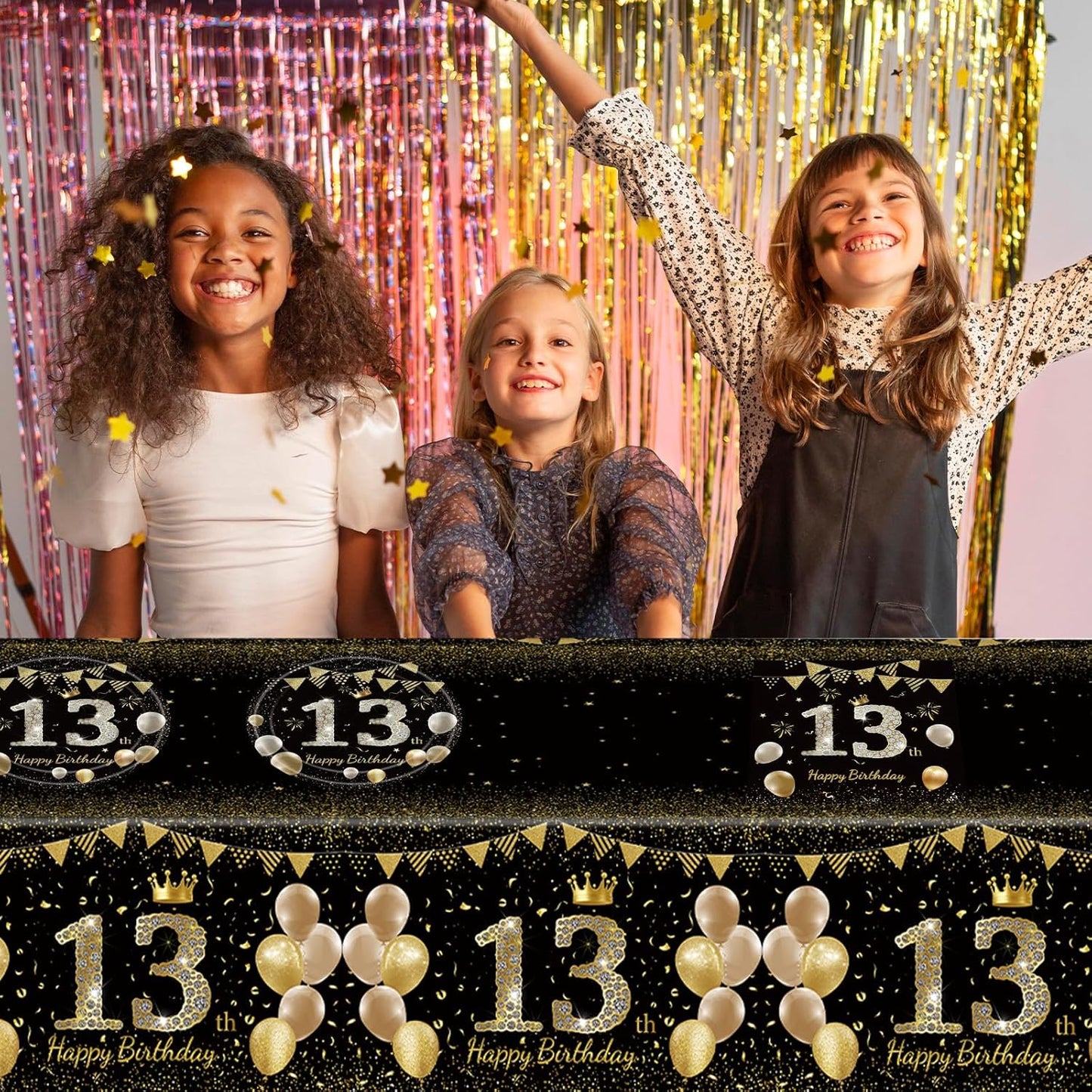 41Pcs 13th Birthday Decorations for Boy Girls, Black Gold 13 Year Old Tableware Decorations include Happy Birthday Plates Napkins Tablecloth for Official Teenager 13th Birth Party Favor