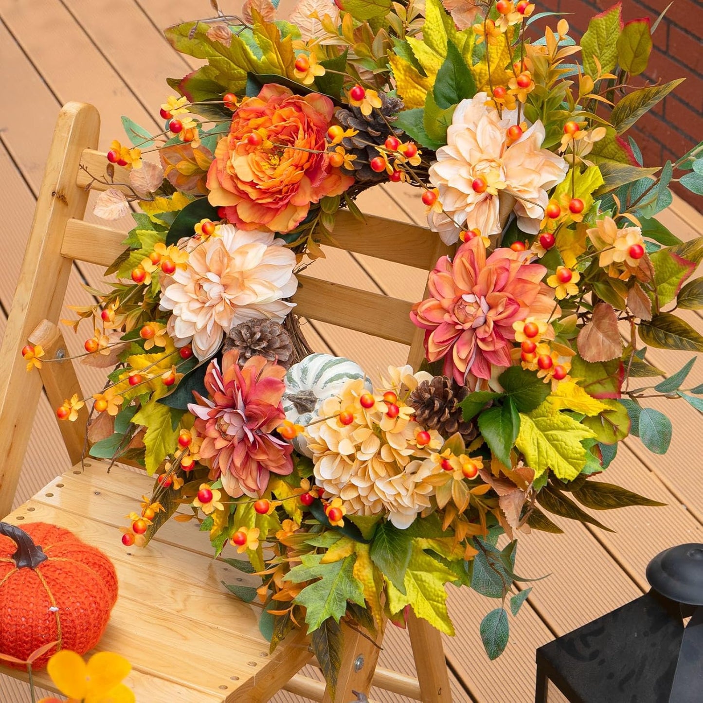 Fall Wreaths for Front Door Outside-24 Inch Autumn Wreath with Dahlia Flowers, Pumpkins, Pinecones, and Eucalyptus Leaves Large Fall Wreath for Thanksgiving, Halloween, Indoor Outdoor Door