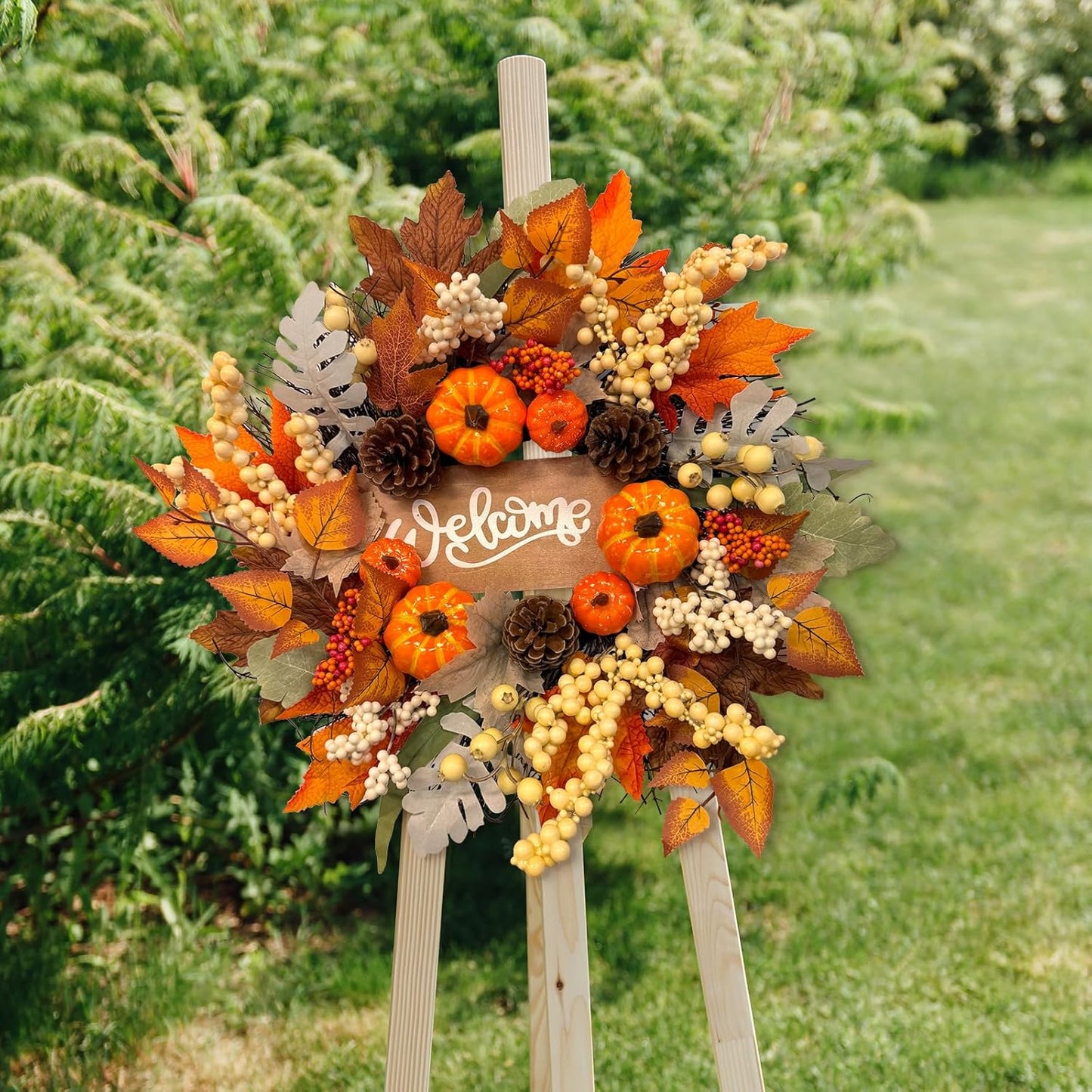 20 Inch Fall Wreaths for Front Door with Welcome Sign,Artificial Autumn Wreath with Sunflowers,Pumpkins,Berries and Leaves for Thanksgiving Harvest Farmhouse Home Decor Indoor Outdoor