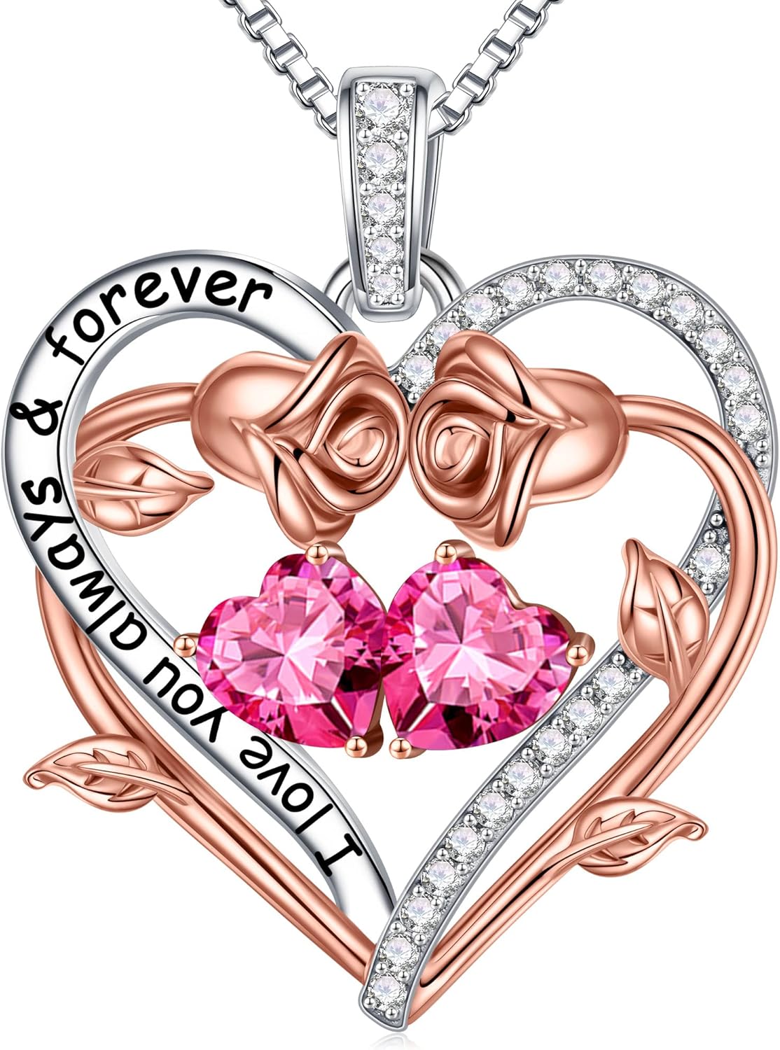 Iefil Rose Heart Double Birthstone Necklace Gifts for Wife Her Mom Women, Birthstone Jewelry Gemstone Birthday Gifts for Girlfriend Grandma Her Wife Women