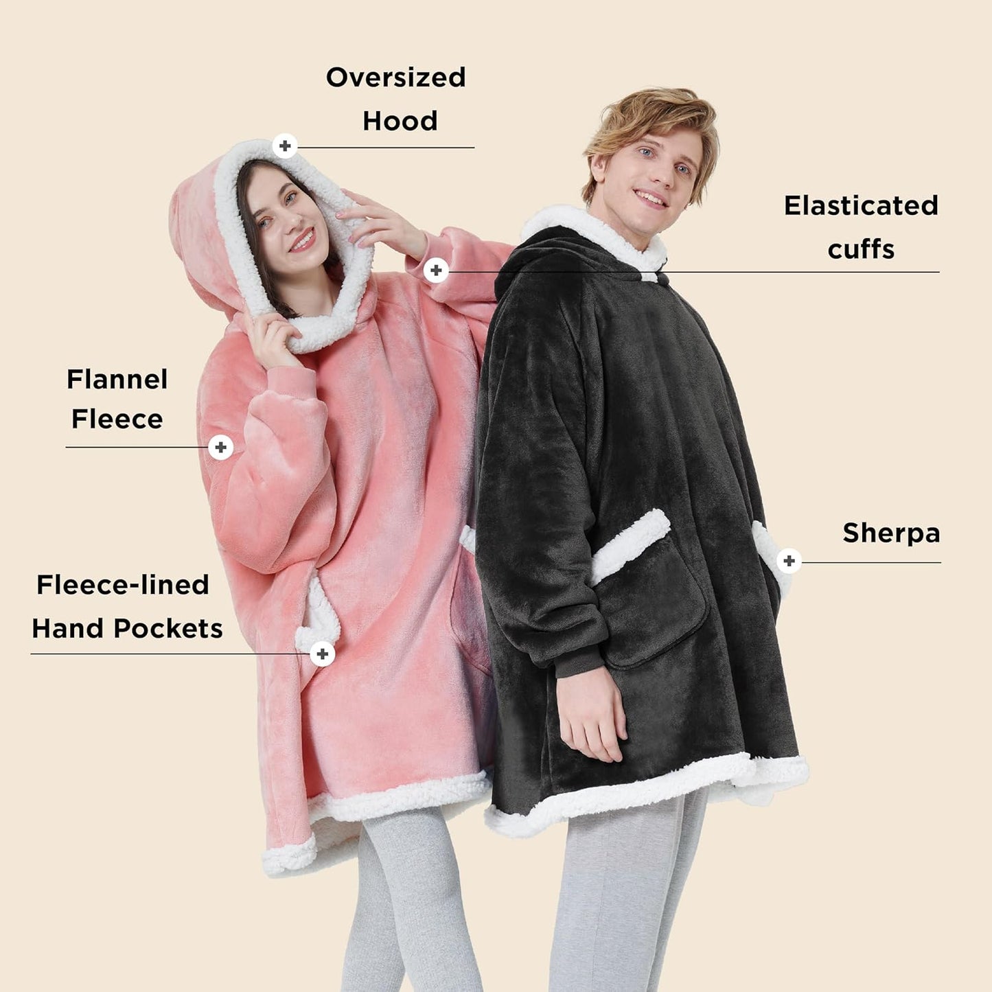 Bedsure Blanket Hoodie, Wearable Blanket for Adults & Kids as Gifts for Women Men, Birthday Gifts for Women Mom Girl Sherpa Oversized Hoodie, Grey Black, Small