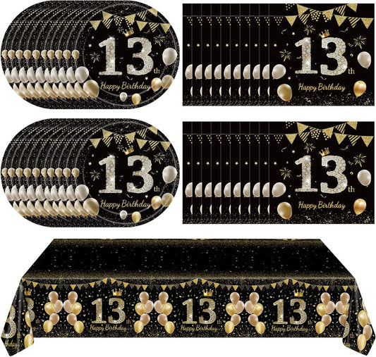 41Pcs 13th Birthday Decorations for Boy Girls, Black Gold 13 Year Old Tableware Decorations include Happy Birthday Plates Napkins Tablecloth for Official Teenager 13th Birth Party Favor