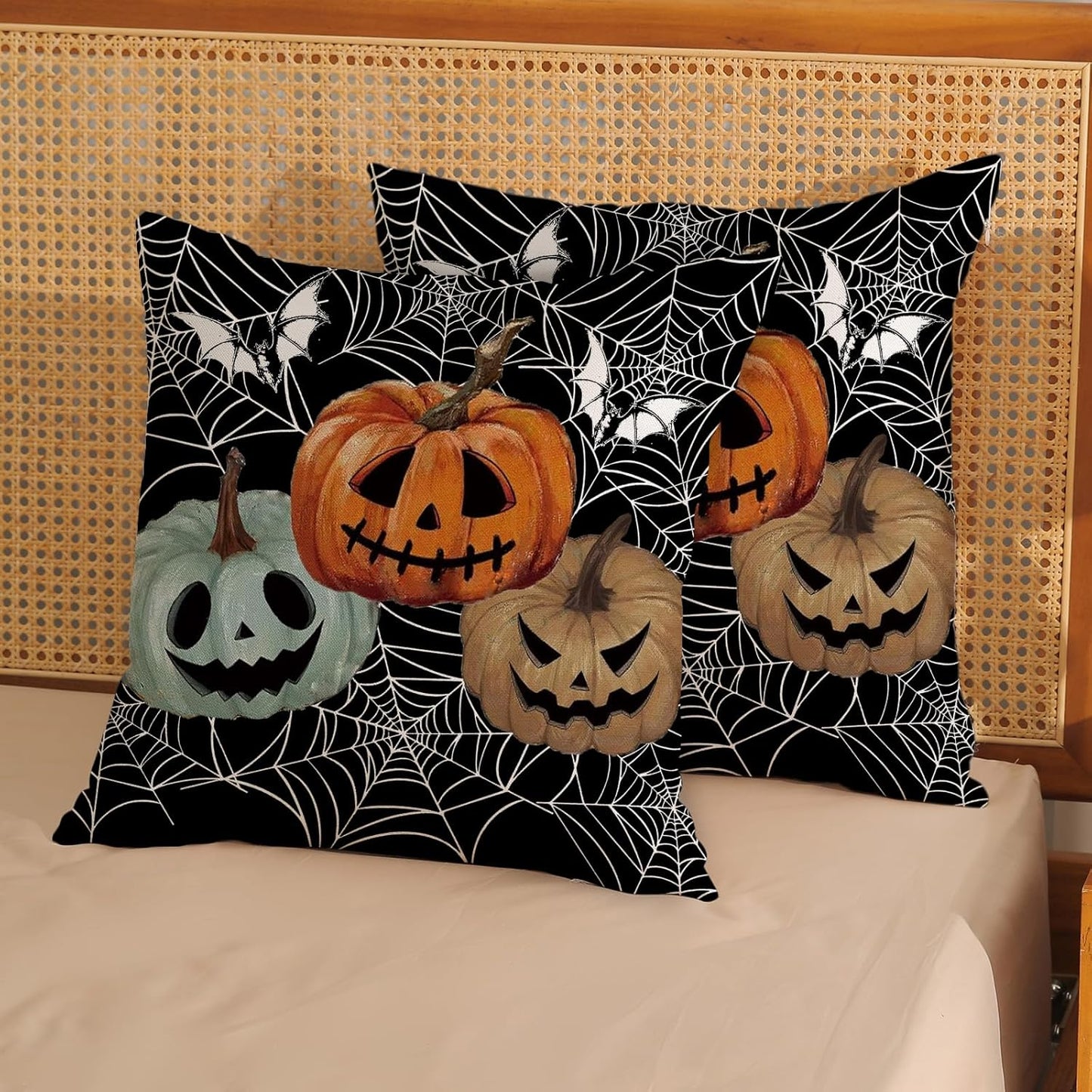 Halloween Decor Pillow Covers 18x18 Set of 2 Spider Web Orange Pumpkin Bat Black Decorative Throw Pillow Covers Outdoor Decoration Autumn Pumpkin Pillowcase Farmhouse Cushion Case for Home Sofa