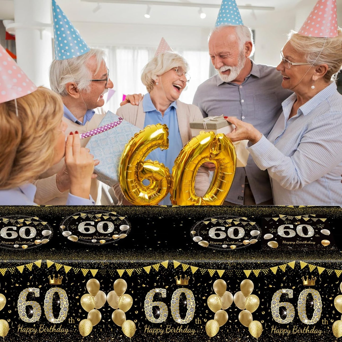 41Pcs 60th Birthday Decorations for Men Women, Black Gold 60 Year Old Birthday Party Supplies Include 20 Plates 20 Napkins and 1 Tablecloth, Black Gold 60 Aged Birth Party Tableware