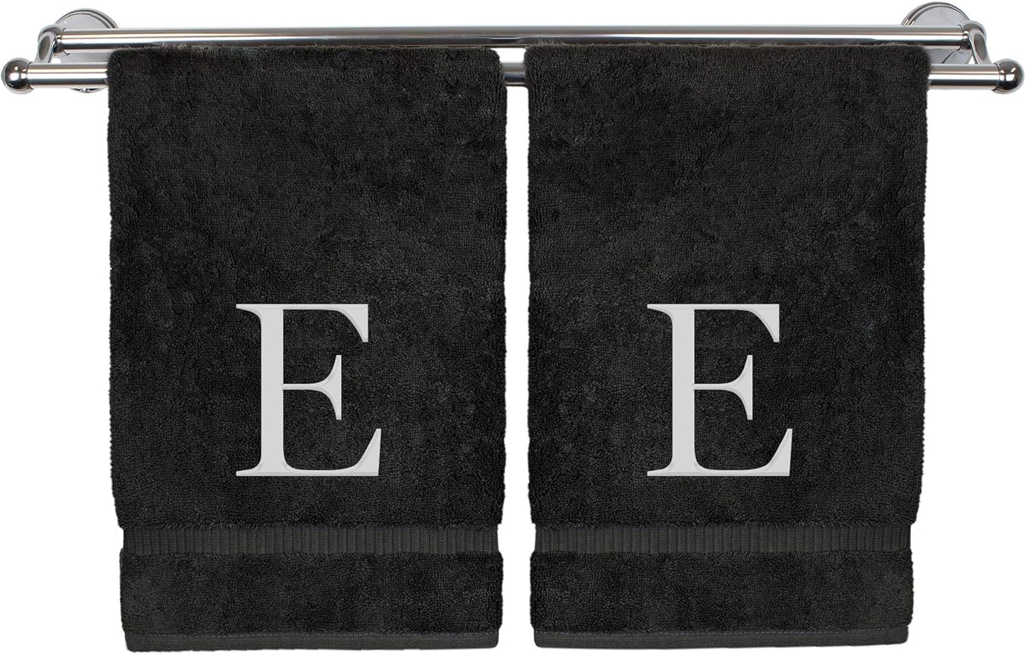 Monogrammed Hand Towel, Personalized Gift, Set of 2- White Block Letter Embroidered Towel - Extra Absorbent 100% Turkish Cotton - Soft Terry Finish - Initial E Black