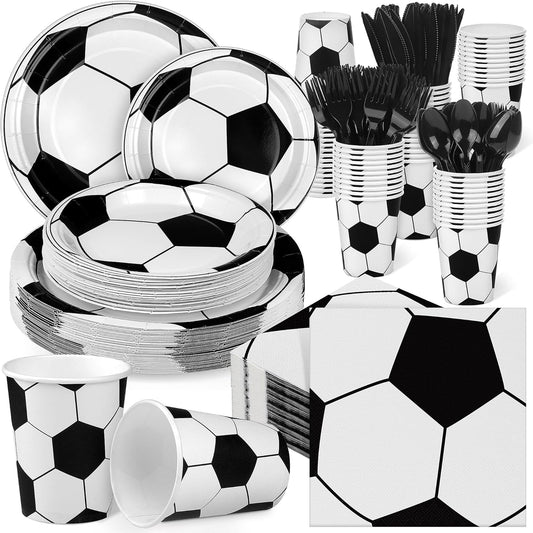 400 Pieces Soccer Disposable Party Tableware Sets Including Plates Cups Napkins Cutlery Serves 50 for Soccer Games Sports Birthday Party Decorations