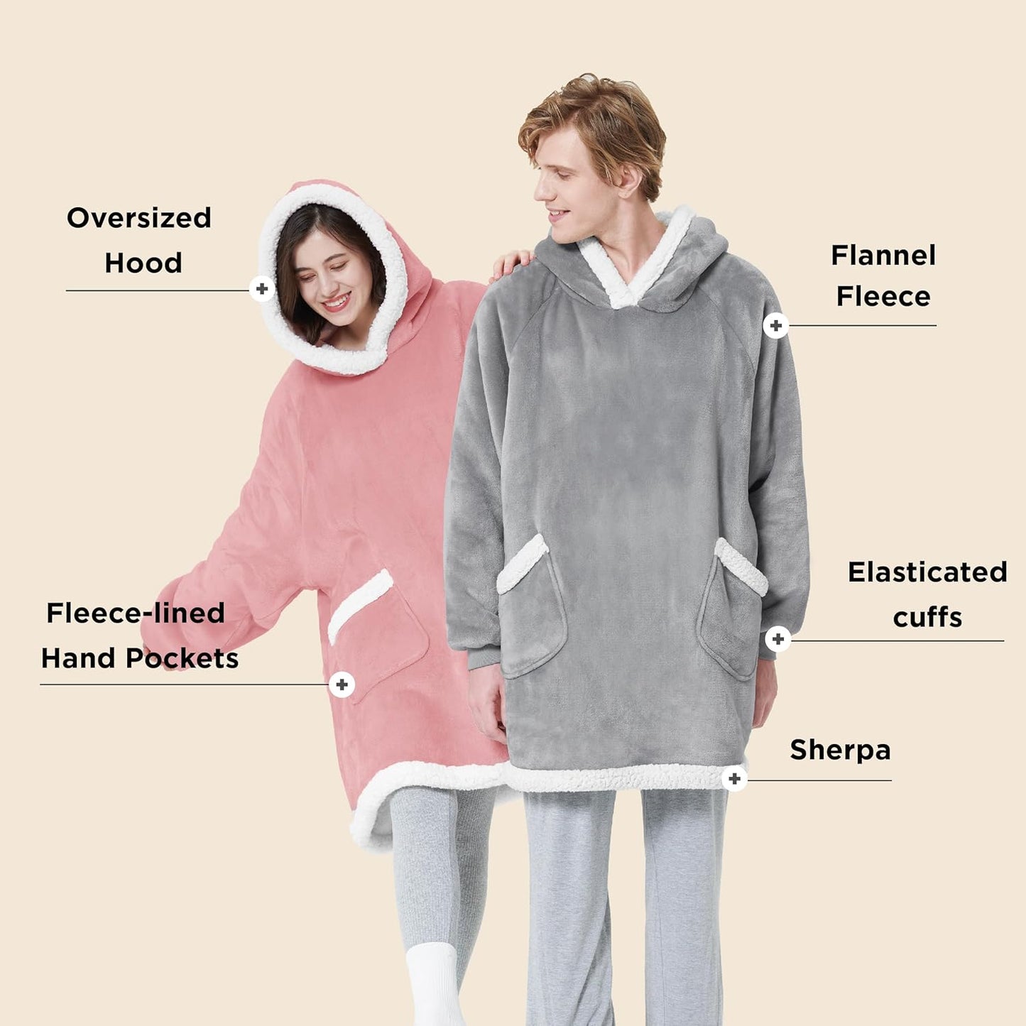 Bedsure Blanket Hoodie, Wearable Blanket for Adults & Kids as Gifts for Women Men, Birthday Gifts for Women Mom Girl Sherpa Oversized Hoodie, Mellow Rose, Standard