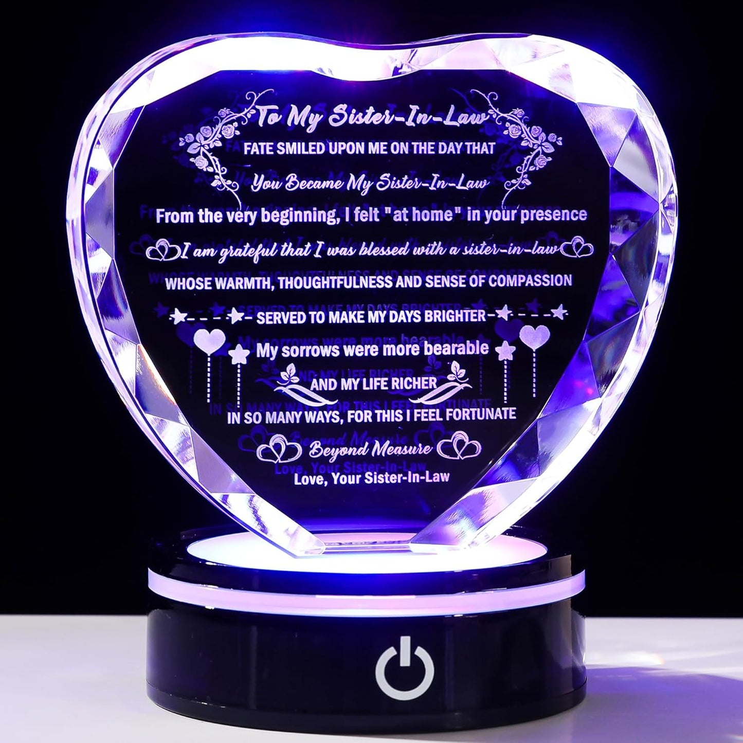 YWHL Sister in Law Birthday Gifts with Colorful LED Base Unique Heart Crystal Keepsake for Unbiological Bonus Sister Wedding Thanksgiving Gift Ideas