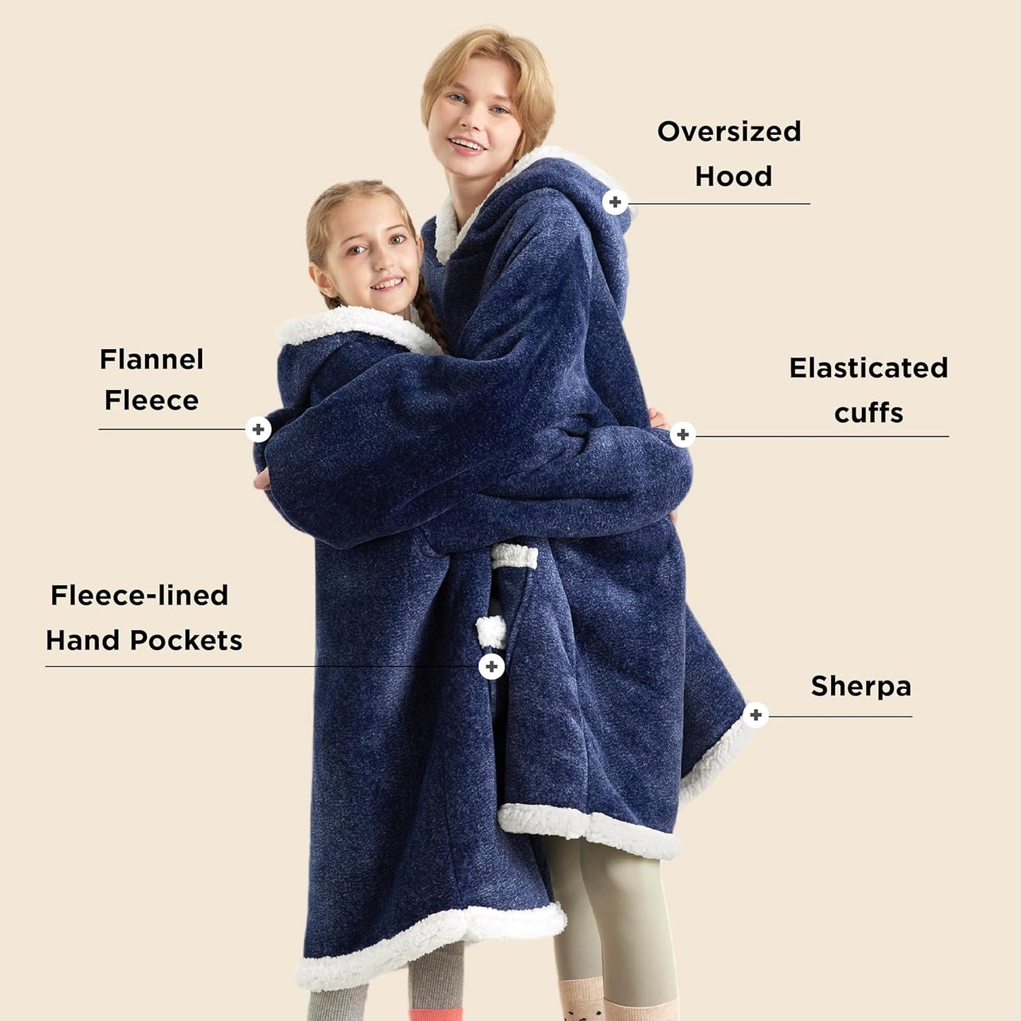 Bedsure Blanket Hoodie, Wearable Blanket for Adults & Kids as Gifts for Women Men, Birthday Gifts for Women Mom Girl Sherpa Oversized Hoodie, Ocean Blue, Kids